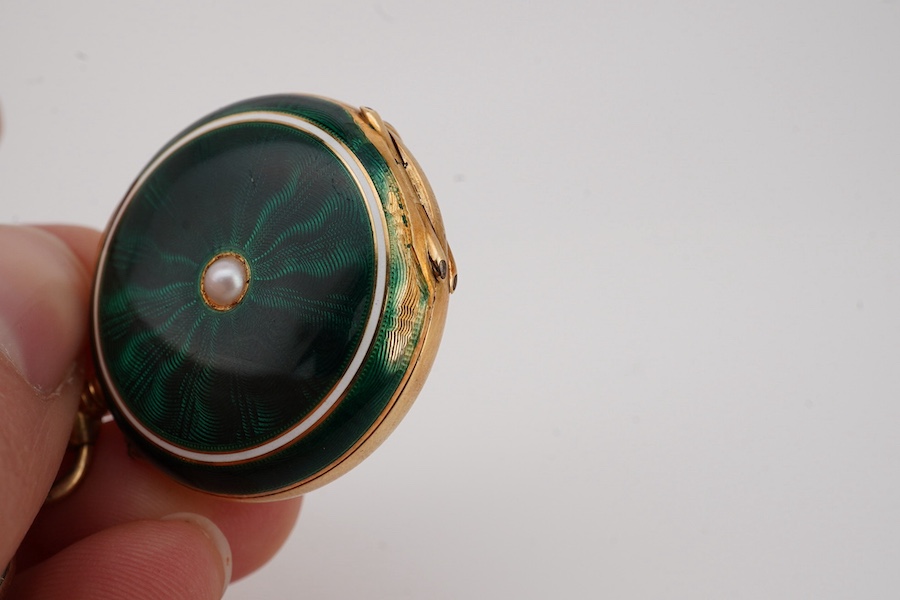 An early 20th century 18ct gold and two colour enamel open faced fob watch(enamel a.f.), with Arabic dial, case diameter 27mm, suspended from a Murrle Bennett & Co 9ct brooch. Condition - poor to fair